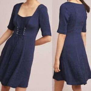 Maeve Anthropologie Juliet Corset Lace Up Short Sleeve Dress Navy Blue US 10